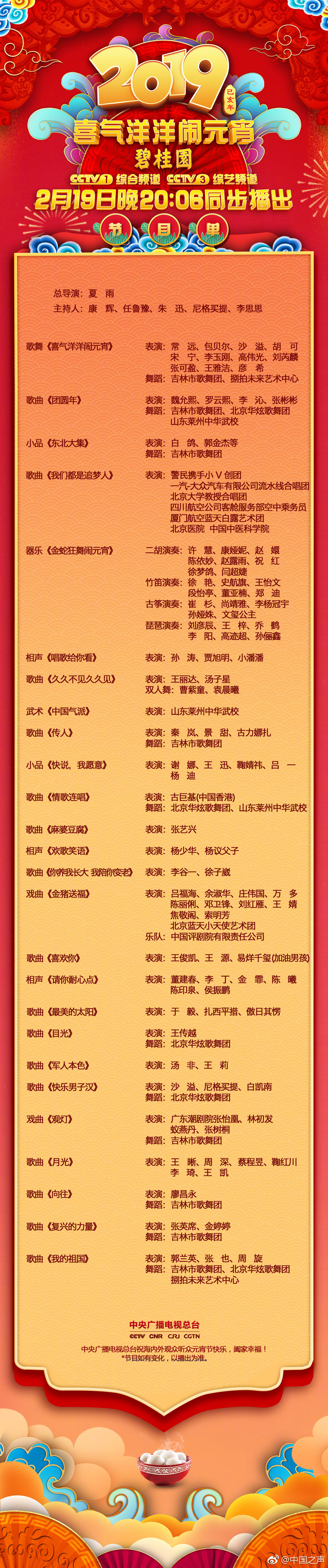 2019年央视元宵晚会节目单来了！你最期待谁的表演？