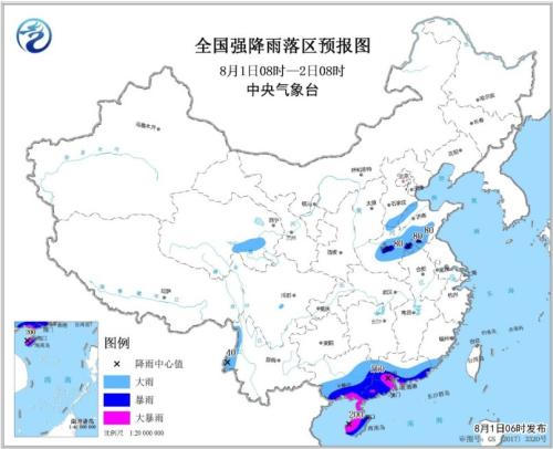 全国强降雨落区预报图(8月1日8时-2日8时)