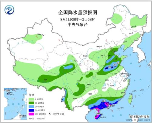 全国降水量预报图(8月1日8时-2日8时)