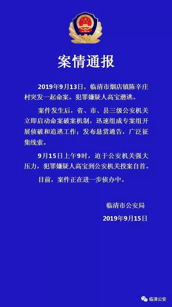 临清烟店镇重大命案犯罪嫌疑人高宝已投案自首！