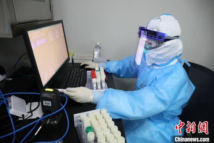 图为何静扫描样本上的条形码给样本逐一编号 代雨朦 摄