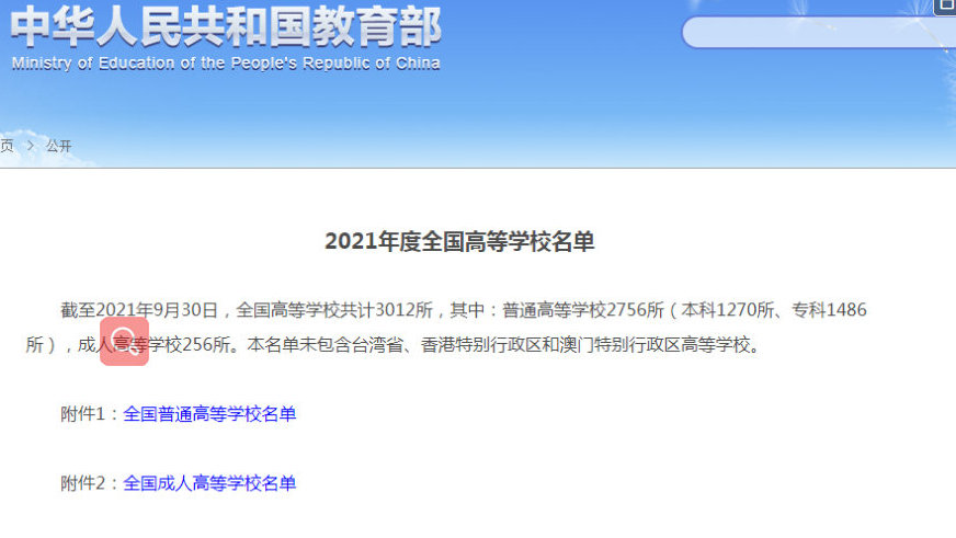 2021年全国高等学校名单公布 共计3012所
