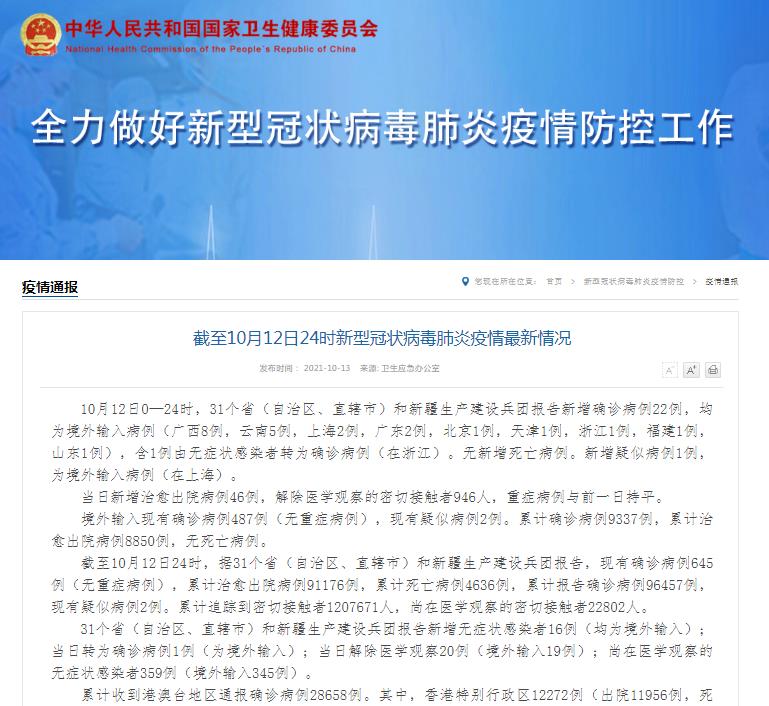 国家卫健委：10月12日新增新冠肺炎确诊病例22例 均为境外输入病例