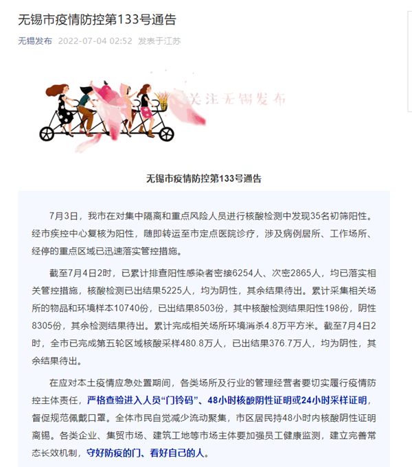 江苏无锡昨日新增35例阳性感染者 详情公布