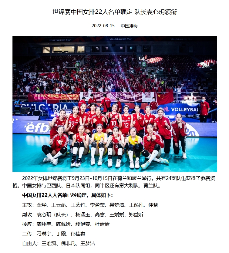 中国女排参加世锦赛22人大名单出炉