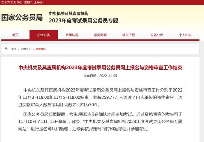 国考网上报名与资格审查结束 录用比约为70:1